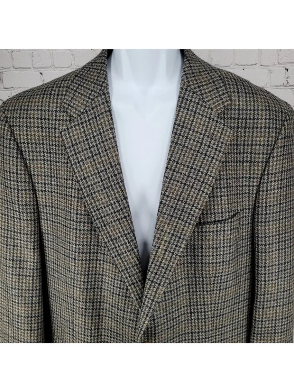 Chaps Ralph Lauren Brown & Blue 100% Wool Houndstooth Blazer Sport Coat Size 46